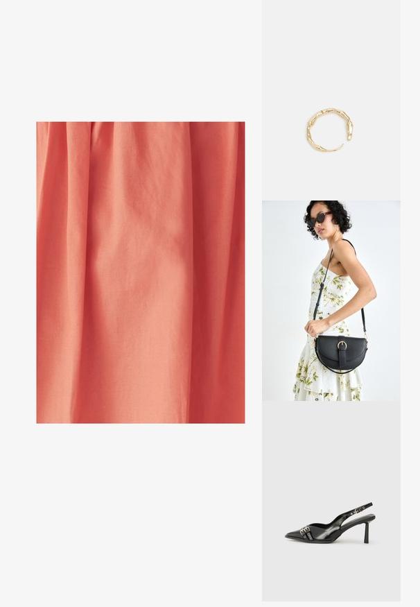 Koralo spalvos audinys su lygiu paviršiumi, turintis minkštus kritimus ir subtilų blizgesį, tinkantis drabužiams ar namų tekstilei.; Juodas lakuotas odinis batelis su smailiu pirštu, kulkšnies dirželiais su sidabrinėmis sagtimis ir detalėmis, bei plonu kulnu.; Juodas odinis krepšys su išlenkta forma, nuimamu dirželiu ir auksiniais detalėmis. Krepšys turi kilpą su sagtimi.; Auksinės spalvos žiedas, turintis organišką, sukimosi dizainą su lygiu paviršiumi ir siaurėjančiais galais, sukuriantis modernią skulptūrinę išvaizdą.