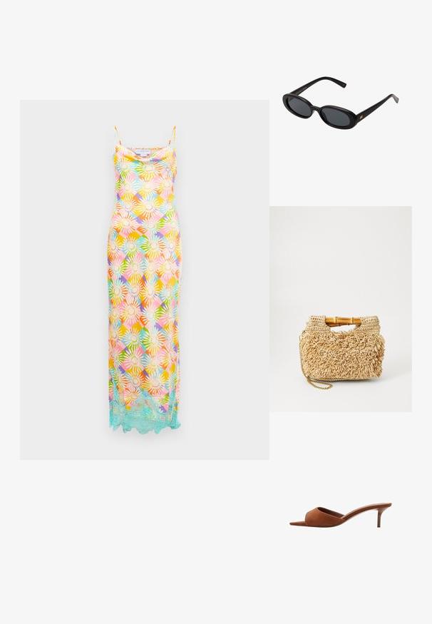 Dolga brezrokavna obleka z večbarvnim cvetličnim geometrijskim vzorcem in svetlo modrim čipkastim robom ob robu na belem ozadju.; Rjave semiš odprte mule s ukrivljenim dizajnom, ki se ponašajo z nizko stiletto peto in gladkimi, minimalističnimi linijami.; Črne oversize sončne očala z ovalnimi lečami, gladkim plastičnim okvirjem in zlatenimi detajli na templjih. Temne leče zagotavljajo zaščito pred soncem.; Woven straw torba z bambusovimi ročaji, z teksturiranim frufru dizajnom v naravni bež barvi in z zlatim verižnim pasom.