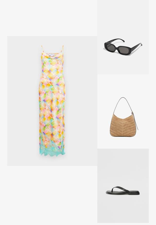 Langärmelloses Kleid mit mehrfarbigem floralen geometrischen Muster und hellblauen Spitzenbesatz am Saum gegen einen weißen Hintergrund.; Schwarze Flip-Flops aus glattem Leder, mit einem dünnen Riemendesign und einer flachen Sohle mit minimalem Profil. Keine bemerkenswerten Muster oder Akzente.; Schwarze rechteckige Sonnenbrillen mit dunklen Gläsern. Dicke Kunststofffassung, glatte Oberfläche und abgerundete Kanten. Modische Bügel verjüngen sich nach außen.; Geflochtene Strohtasche mit geschwungener Form, ausgestattet mit einem dunklen Ledertragegurt und einer strukturierten Oberfläche mit Zickzackmuster.
