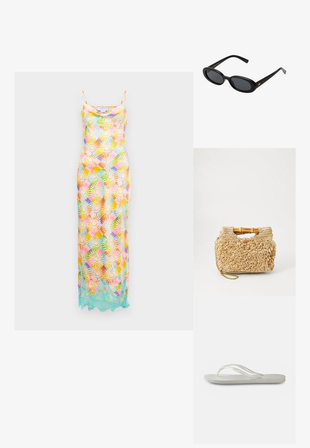 Dlouhá bezrukávová šaty s barevným květinovým geometrickým vzorem a světle modrou krajkovou obrubou na lemu na bílém pozadí.; Bílé žabky s texturovanou podešví, s tenkými pásky a plochým designem. Vyrobené z gumy s jemným logem na stélce.; Černé oversized sluneční brýle s oválnými čočkami, hladkým plastovým rámem a zlatými akcenty na spáncích. Tmavé čočky poskytují ochranu před sluncem.; Tkaná slaměná kabelka s bambusovými držadly, s texturovaným designem střapců v přirozené béžové barvě a zlatým řetízkem.