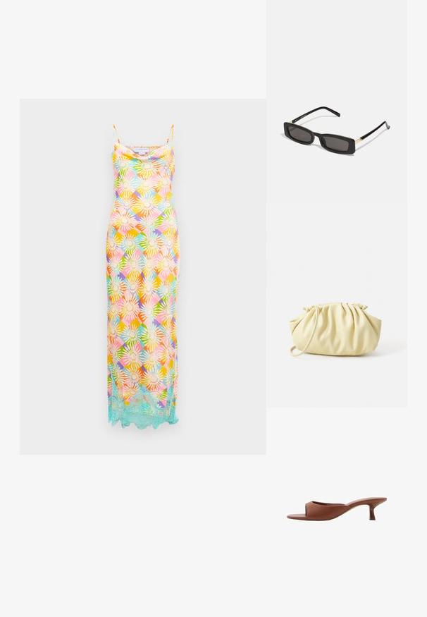 Rochie lungă fără mâneci, cu un model floral geometric multicolor și dantelă albastră deschisă pe margine, pe un fundal alb.; Mule-uri cu toc deschis, de culoare maro, cu un finisaj neted și mat, având un design curbat și un toc transparent, conic.; Ochelari de soare rectangulari negri cu lentile întunecate, rame din plastic lucios și accente aurii pe tample. Design minimalist și formă elegantă.; Geantă pliată galbenă dintr-un faux leather neted, cu o formă moale, având un singur mânere pentru umăr și un design cu partea superioară gathered.