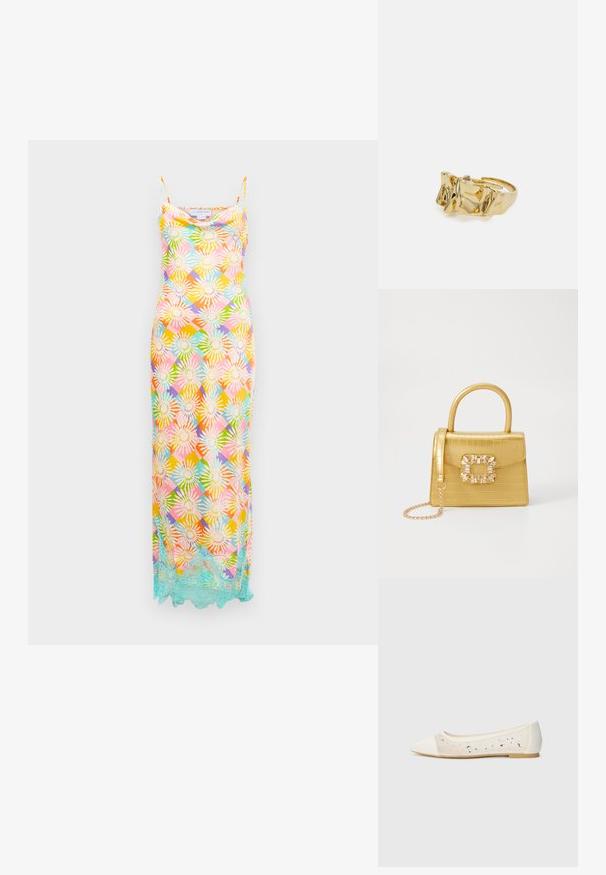 Pikk ilma varrukateta kleit, millel on mitmevärviline lilleline geomeetriline muster ja helesinine pitsääris ääre ääres, valge tausta taustal.; Kohev varbaosa, kreemikad nahkplätud, mille läbipaistev ülaserv on kaunistatud laiali asetatud sädeleva kivid. Pehme talla disain mugavuseks, minimalistlik välimus.; Kollane faux-krokodilli käsipindaga kott, millel on struktureeritud disain, ülemine käepide, eemaldatav kettmass ja dekoratiivne kristallkaunistus klambril.; Kuldne sõrmus tekstureeritud, lainelise disainiga, millel on kolm silmapaistvat tippu. Sile, läikiv pind ja avatud riba, mis võimaldab reguleeritavat sobivust.