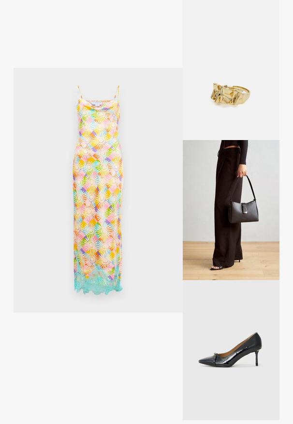 Pikk ilma varrukateta kleit, millel on mitmevärviline lilleline geomeetriline muster ja helesinine pitsääris ääre ääres, valge tausta taustal.; Must musta korkeakorkoiset kengät läpikuultavasta mustasta mokasta, joissa on teräväpäinen kärki, koristeellinen nauha edessä ja ohut stilettokorko.; Must musta kott, millel on struktureeritud kuju, sile tekstuur ja metallist klamber. Kombineeritud laiate mustade pükstega ja avatud varvaste sandaalidega puidust põrandal.; Kuldne sõrmus tekstureeritud, lainelise disainiga, millel on kolm silmapaistvat tippu. Sile, läikiv pind ja avatud riba, mis võimaldab reguleeritavat sobivust.