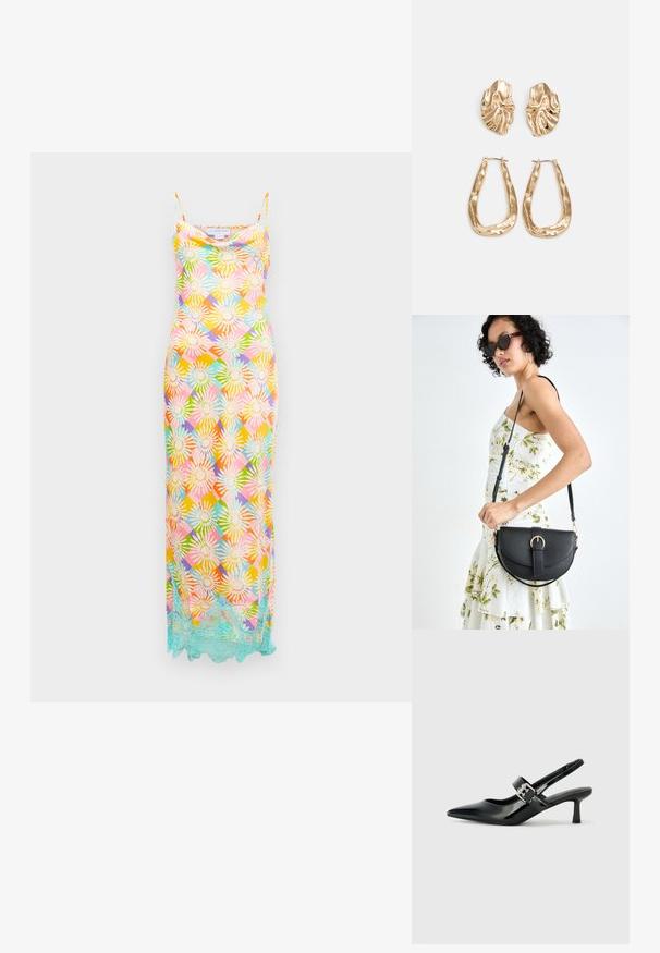 Hosszú ujjatlan ruha, melynek színes virágos geometrikus mintája van, és világoskék csipke díszítés a szabott alján, fehér háttér előtt.; Fekete lakkbőr slingback sarkú cipők hegyes orral és kis blokk talppal, ezüst csat díszítéssel a pánton.; Fekete bőrtáska ívelt formával, levehető pánttal és arany színű fémrészekkel. A táskán egy csattal díszített fedél található.; Aranyszínű fülbevalók, texturált, hullámos formákkal. Tartalmazza a szobrászati klipszes studokat és az open hoop kialakítást, kalapácsos felülettel.