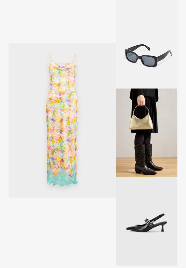 Long sleeveless dress with multicolor floral geometric pattern and light blue lace trim along the hem against a white background.; Black patent leather slingback heels with a pointed toe and a small block heel, featuring a silver buckle accent on the strap.; Black rectangular sunglasses with dark tinted lenses, thick plastic frame, and wide temples. Smooth surface and angular design.; Gold textured handbag with a curved shape and short handle, held by a person wearing a black pleated skirt and black leather cowboy boots.
