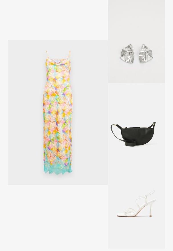 Dolga brezrokavna obleka z večbarvnim cvetličnim geometrijskim vzorcem in svetlo modrim čipkastim robom ob robu na belem ozadju.; Bela sandala na visoki pet z zavezanimi trakovi, z ravnim podplatom, teksturirano sprednjo stranjo z nabranimi detajli in ozkim gležnjenjem.; Črna usnjena torbica za čez ramo v obliki polmeseca, z teksturirano površino, zlatim zadrgo in ravnim trakom. Kompaktna zasnova, primerna za osnovne stvari.; Srebrni kovinski uhani z valovitim, skulpturalnim dizajnom, ki se ponašajo s poliranim zaključkom in nerednimi oblikami, kar poudarja sodobno estetiko.