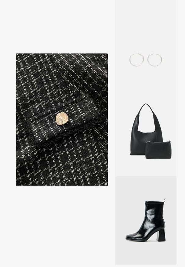 Mustvalge tekstureeritud kangas, millel on ruuduline muster, ning ees kuldne metallist nööp. Pehme, kootud materjal.; Must värvitud ankle-kingad ruudu toe ja jäme geomeetriline konts. Omab siledat, läikivat tekstuuri ja tagumist tõmmet, mis aitab kergesti jalga panna.; Even&Odd SET - Käekott - black; Hõbedased rõngaskõrvarõngad, millel on sujuv ja ümar disain, millel on sile pind ja nähtavad kaunistused puuduvad. Diameeter ei ole täpsustatud.