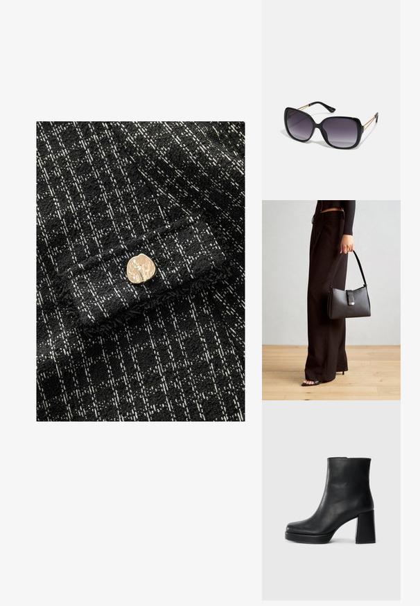 Schwarzer und weißer strukturierter Stoff mit Karomuster, mit einem goldenen metallischen Knopfakzent auf der Vorderseite. Weiches, gewebtes Material.; Schwarze Leder-Stiefelette mit Blockabsatz und Plattformsohle, seitlich auf einem schlichten weißen Hintergrund betrachtet.; Schwarze übergroße Sonnenbrille mit getönten Gläsern, dicken Rahmen und goldfarbener Kettendetaillierung an den Bügeln.; Schwarze Handtasche mit strukturierter Form, glatter Textur und einem metallischen Verschluss. Kombiniert mit weiten schwarzen Hosen und offenen Sandalen auf einem Holzboden.