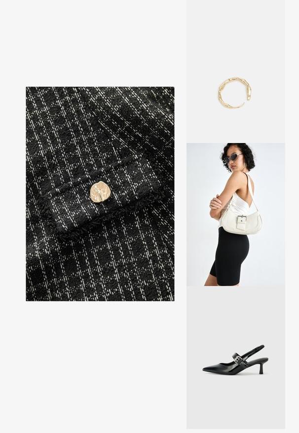 Tissu texturé en noir et blanc avec un motif à carreaux, accentué par un bouton métallique doré à l'avant. Matériau doux et tissé.; Escarpins slingback en cuir verni noir avec un bout pointu et un petit talon bloc, mettant en avant un accent en boucle argentée sur la sangle.; Sac à main en cuir blanc avec une forme incurvée, une bandoulière ajustable et un petit détail de boucle. Le modèle porte une tenue noire ajustée.; Bague en or ornée d'un design organique et torsadé, avec une texture lisse et des extrémités effilées, créant une apparence moderne et sculpturale.