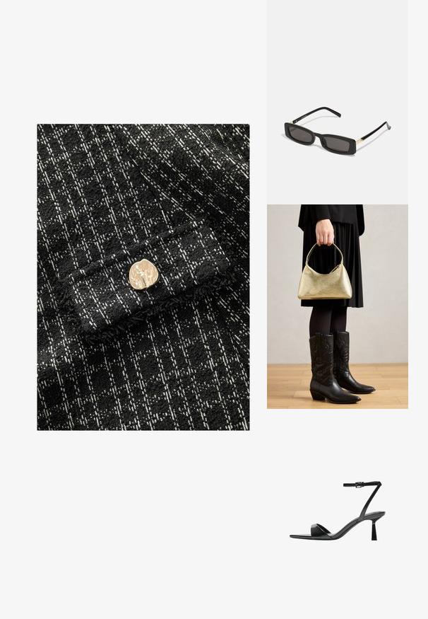 Fekete-fehér textúrájú anyag, kockás mintával, az elején arany fémgomb részlettel. Puha, szőtt anyag.; Bershka Magas sarkú szandálok - black; Fekete téglalap alakú napszemüveg sötét lencsékkel, fényes műanyag kerettel, arany díszítéssel az temples. Minimalista design és elegáns forma.; Arany textúrájú kézi táska, ívelt formával és rövid pánttal, amelyet egy fekete pliszírozott szoknyát és fekete bőr cowboy csizmát viselő személy tart.