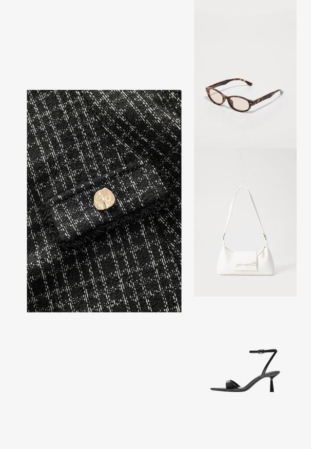 Črno-bele teksturirane tkanine z check vzorcem, s zlatim kovinskim gumbom na sprednji strani. Mehka, tkana tkanina.; Bershka Sandali z visoko peto - black; Očala iz morskega želvovca z zaobljeno obliko in svetlimi lečami. Imajo trde ročke z majhnimi zlatimi detajli, narejena so iz plastičnega materiala.; Bela sintetična torbica v obliki trikotnika, z ravnim sprednjim poklopcem in detajlom mašne, nastavljivim trakom, gladko teksturo in minimalističnim dizajnom.