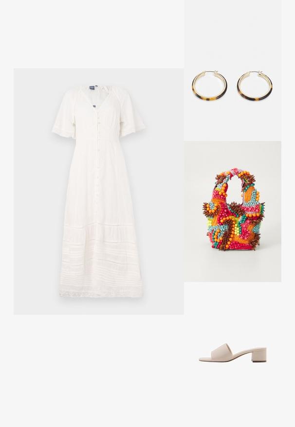 Robe maxi blanche en tissu léger avec des manches courtes, un décolleté en V et des boutons sur le devant ; présente des rayures texturées et des bordures en dentelle.; Sandale à talon bloc beige avec une large lanière et une ouverture à l'orteil. Matériau lisse et design épuré. Talon court et robuste pour plus de stabilité.; Sac à main en perles aux couleurs vives : rose, orange, bleu et marron. Surface texturée avec des perles circulaires et des formes organiques, poignées robustes.; Boucles d'oreilles en métal doré avec un bord extérieur en résine à motif écaille de tortue, dotées d'une finition lisse et d'une forme circulaire élégante.