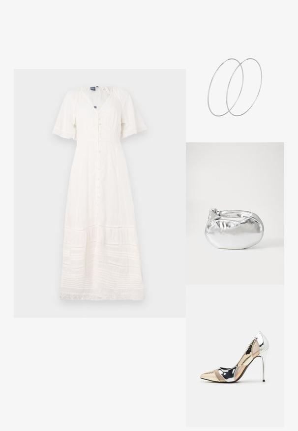 White maxi dress made of lightweight fabric with short sleeves, V-neckline, and front buttons; features textured stripes and lace trim.; Pointed-toe high heel shoe with a silver, gold, and nude color scheme. Glossy finish with cutout design, featuring a stiletto heel.; Silver metallic pouch bag with a soft, rounded shape and a knotted top closure. Made from smooth faux leather material.; Silver hoop earrings with a minimalist design. Circular shape, smooth texture, and thin profile. Lightweight with a polished finish.