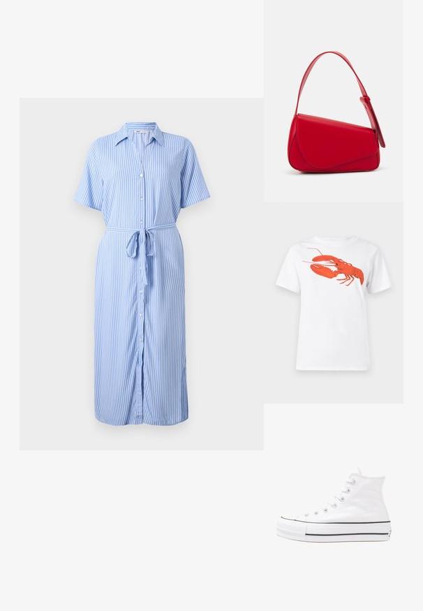 Abito a righe azzurro chiaro con maniche corte, apertura frontale con bottoni, colletto e cintura da annodare in vita. Realizzato in un tessuto liscio.; T-shirt bianca in cotone con una grande grafica di aragosta rossa brillante sul davanti. Maniche corte e design con colletto rotondo standard.; Sneaker alta in tela bianca con suola in gomma nera, punta in gomma frontale e sei asole per i lacci, caratterizzata da un design pulito e minimalista.; Borsa a tracolla in pelle rossa con un design angolare e geometrico. Presenta una singola tracolla regolabile e una chiusura a patta con dettagli cuciti.