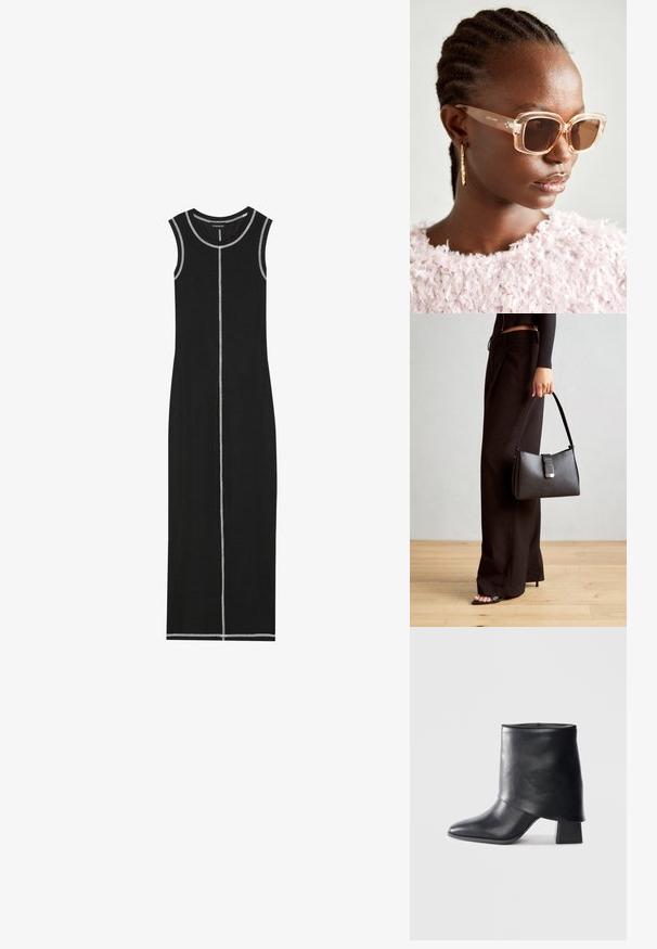 Črna brezrokavna maksi obleka z rebrasto strukturo, ki ima kontrastne bele šive ob izrezu in navpični osrednji šiv.; Črne usnjene gležnjarje z izostrenim prstom, gladko teksturo in trdnimi blokastimi petami. Imajo visok, zložen manšeti.; Bežna oversized sončna očala s prozornim okvirjem in rjavimi lečami, ki imajo subtilne cvetlične poudarke in drzen, geometrijski dizajn.; Črna torbica z strukturirano obliko, gladko teksturo in kovinskim zaponko. Ujemajo se z širokimi črnimi hlačami in odprtimi sandali na lesenem tleh.