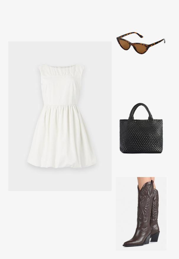 Biała bawełniana sukienka z okrągłym dekoltem, rękawami typu cap i marszczeniami przy bodice. Rozkloszowana spódnica z elastyczną talią.; Brązowe skórzane kowbojki z noskiem w kształcie migdała i blokowym obcasem, z detalicznym przeszyciem i podniesionymi akcentami na cholewce.; Okulary przeciwsłoneczne w kształcie kocich oczu z czarno-pomarańczową oprawą w deseń żółwia, brązowymi soczewkami i eleganckimi, spiczastymi końcówkami. Posiadają minimalistyczne logo na zauszniku.; Czarna pleciona torba na ramię z dwoma uchwytami, charakteryzująca się teksturowaną powierzchnią i prostokątnym kształtem. Prosty, unikalny design bez widocznych elementów metalowych.