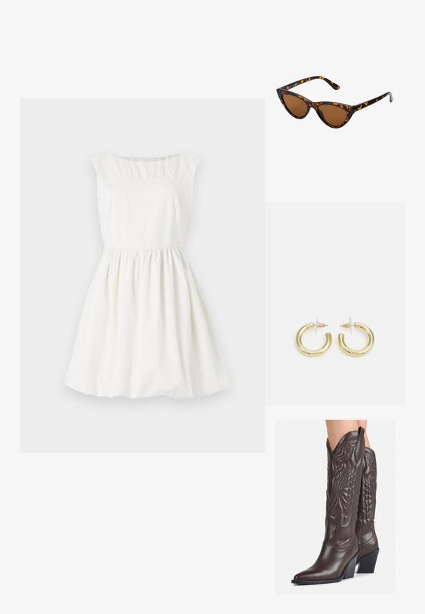 Bala kokvilnas kleita ar noapaļotu kakla izgriezumu, piedurknēm-elkoņiem un saburzīta detaļa pie krūšu daļas. Kupla svārku daļa ar elastīgu jostasvietu.; Brūni ādas kovboju zābaki ar norādītu purngalu un blokveida papēdi, ar detalizētu šūšanu un paceltiem akcentiem uz kājas daļas.; Kaķa acs saulesbrilles ar melnu un oranžu bruņurupuču rakstu rāmi, brūnām lēcām un elegantiem, norādītiem galiem. Rāmī ir minimālists logos uz tempļa.; Zelta auskari ar gludu, spīdīgu apdari. Apaļš dizains, kas ietver mazu tapu un caurspīdīgu pamatni drošai valkāšanai.