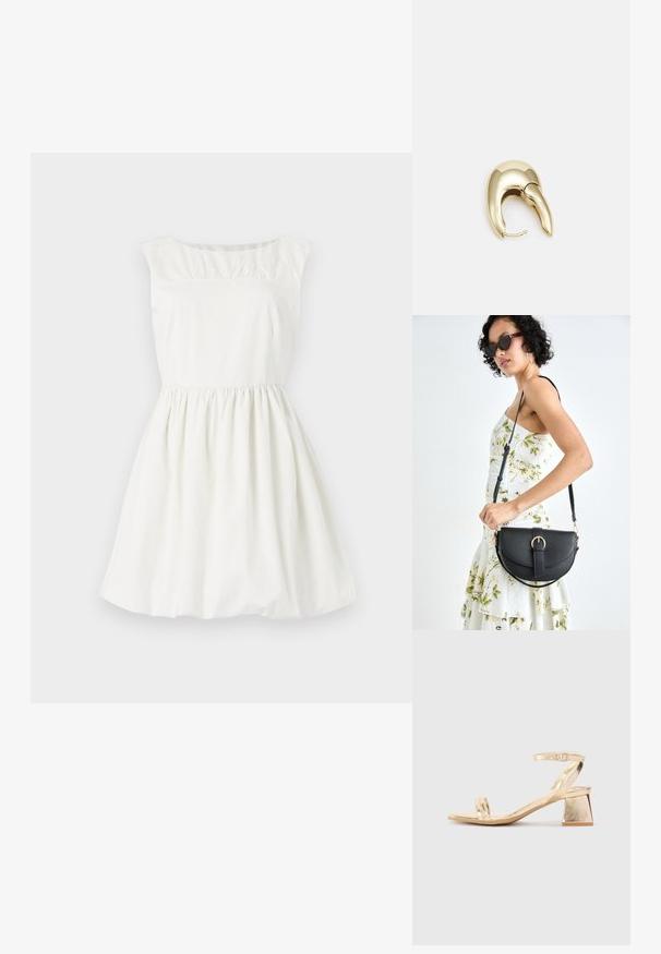 Valkoinen puuvillakleid, jossa on pyöreä pääntie, hihattomat hihat ja rypytetty yksityiskohta vartalolla. Layhennettu hame, jossa on joustava vyötärö.; Kulta metallinen korollinen sandaali kulmikkaalla lohkarekorolla, kaksi nauhaa jalan päällä ja säädettävä nilkkaremmi. Silkkinen pinta.; Musta nahkainen käsilaukku, joka on kaareva muotoilultaan, irrotettavalla hihnalla ja kultaisilla yksityiskohdilla. Laukussa on läppä, jossa on solk yksityiskohta.; Kultahipuinen korvakoru, jossa on sulavalinjainen, kaareva muotoilu. Ominaisuuksiin kuuluu erottuva terävä muoto, kiillotettu pinta ja sarana kiinnitys.