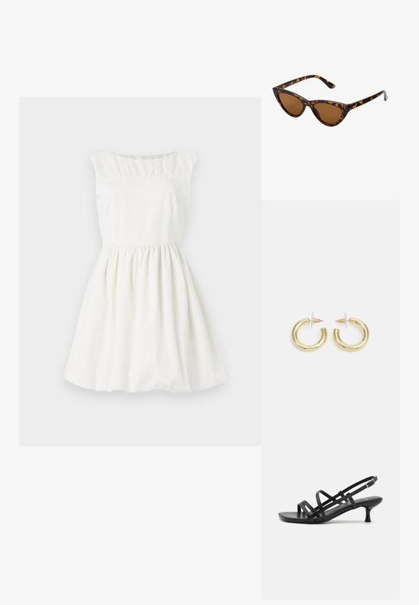 Bala kokvilnas kleita ar noapaļotu kakla izgriezumu, piedurknēm-elkoņiem un saburzīta detaļa pie krūšu daļas. Kupla svārku daļa ar elastīgu jostasvietu.; Melni papēžu sandales ar vairākiem krustveida siksnām. Gluda materiāla, norādīta purngala un šaura papēža. Regulējama potītes siksna ar sprādzīti.; Kaķa acs saulesbrilles ar melnu un oranžu bruņurupuču rakstu rāmi, brūnām lēcām un elegantiem, norādītiem galiem. Rāmī ir minimālists logos uz tempļa.; Zelta auskari ar gludu, spīdīgu apdari. Apaļš dizains, kas ietver mazu tapu un caurspīdīgu pamatni drošai valkāšanai.