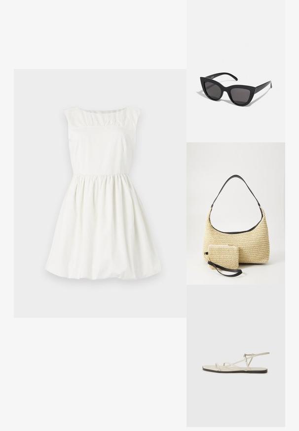 Fehér pamut ruha kerek nyakkivágással, ujjatlan, és ráncolt részletekkel a felsőrészén. Bővülő szoknya gumis derékkal.; Beige lapos szandál, amelyet több vékony pánt díszít, és állítható csattal rendelkezik. A talpa lapos, az élein enyhe sötét kontraszttal.; Fekete macskaszem napszemüveg matt felülettel, szürke árnyalatú lencsékkel, éles vonalakkal és karcsú oldalsó karokkal. A márkaneve látható a belső karon.; Fonott szalmakézi táska ívelt sziluettel, sima fekete bőrszíjjal és egy hozzá illő, csuklószíjjal rögzített kis tasakkal.
