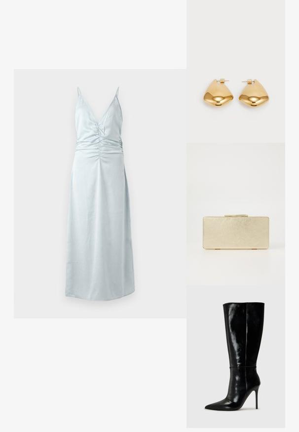 Rochie bleu deschis, fără mâneci, cu decolteu adânc în V și detalii pliate la talie. Textură netedă, design lung până la podea.; Botine din piele neagră, până la genunchi, cu vârf ascuțit și tocuri înalte de tip stiletto. Textură netedă și design elegant, cu detalii minime.; Plică de mână aurie cu un finisaj metalic neted, formă rectangulară și un sistem de închidere simplu. Fără modele sau decorațiuni vizibile.; Cercei din metal de culoare aurie, cu o formă triangulară rotunjită și un design cu prindere pe spate; suprafață reflectorizantă cu detalii minime.
