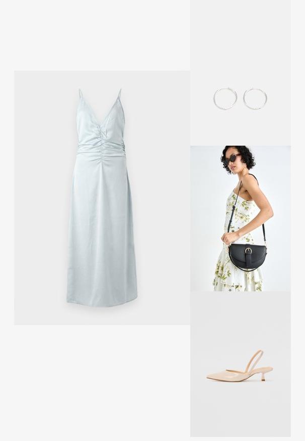 Šviesiai mėlynas be rankovių suknelė su giliu V formos iškirpimu ir susirinkimu liemens srityje. Lygus paviršius, grindis siekiantis dizainas.; Bežinės patentinės odos slingback kulniukai su smailiu priekiniu kraštu ir prašmatniu kvadratiniu kulnu. Lygus paviršius ir minimalizmo dizainas be puošmenų.; Juodas odinis krepšys su išlenkta forma, nuimamu dirželiu ir auksiniais detalėmis. Krepšys turi kilpą su sagtimi.; Sidabrinės auskarai žiedai su sėslia, apvalia forma, pasižymintys lygia paviršiumi ir be matomų puošmenų. Svoris nenurodytas.