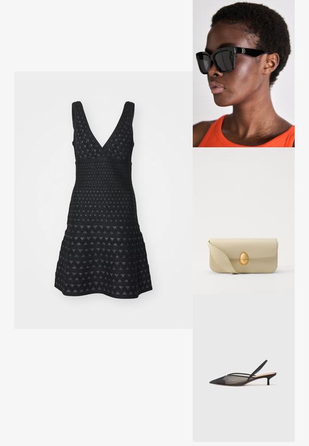 Emporio Armani VESTITO - Pletené šaty - nero; NEOUS IRENA - Klasické lodičky - black; Černé sluneční brýle ve čtvercovém tvaru s tmavými skly, silnými obroučkami a zlatým logem na rameni. Nosí je osoba v oranžovém topu.; Krémová kožená kabelka s hladkým povrchem, obdélníkovým tvarem a zlatým oválným uzávěrem. Disponuje dlouhým, nastavitelným popruhem.