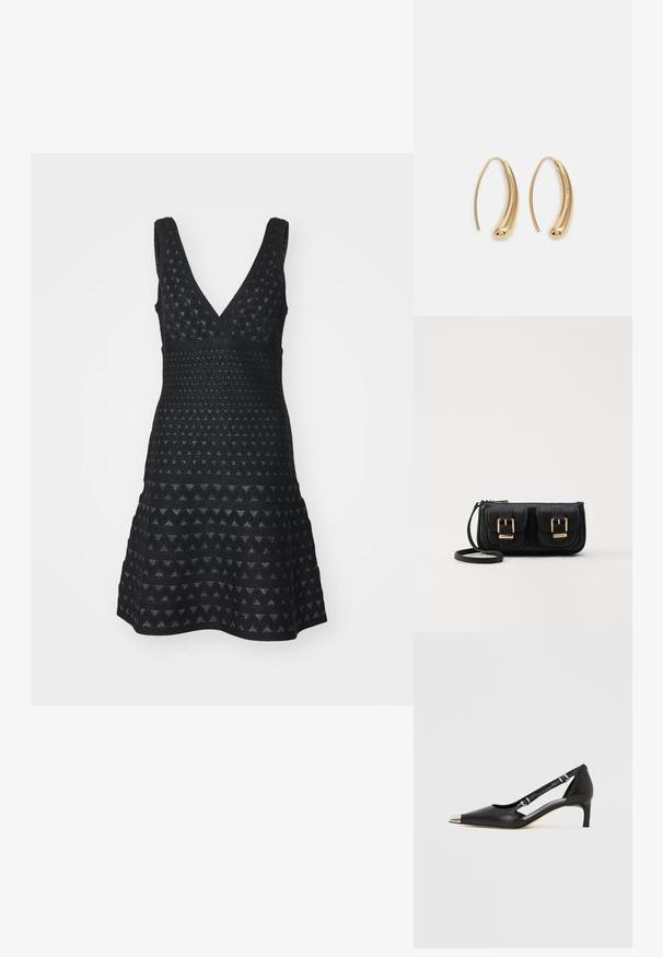 Emporio Armani VESTITO - Neulemekko - nero; Musta nahkainen matalakorkoinen kenkä, jossa on terävä hopeinen kärki ja kaksinkertaiset solkisilmukat valkoisella taustalla.; Musta nahkainen olkalaukku, jossa on kaksi etutaskua, kultaiset soljet, vetoketjukiinnitys ja kapea hihna. Teksturoidun pinnan ja kompaktin suorakaiteen muoto.; Korvakorut kultasävytteistä metallista, joissa on kaareva, pitkänomainen muoto. Ominaisuuksiin kuuluu sileä, kiiltävä pinta ja pyöreä kärki lisäyksinä.