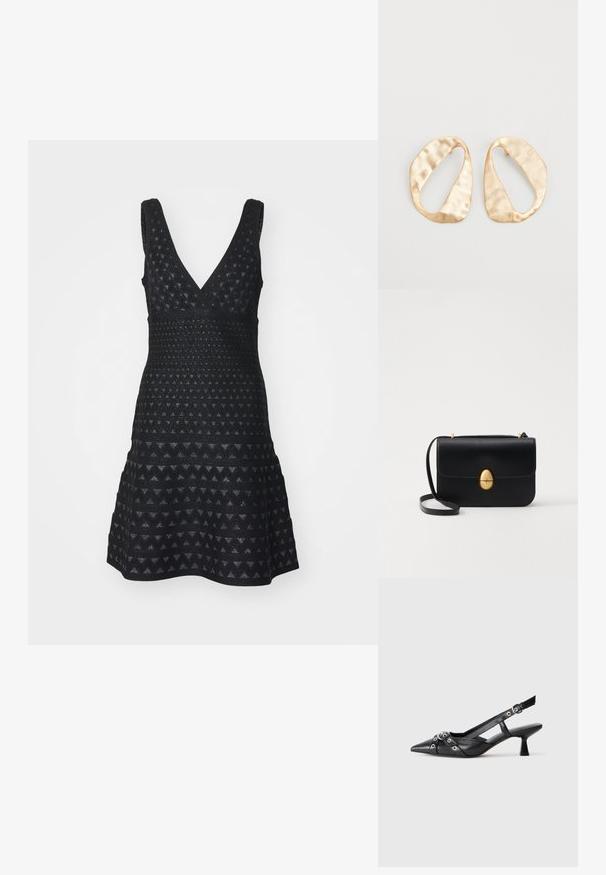 Emporio Armani VESTITO - Pulóverruha - nero; Fekete bőr slingback cipő hegyes orral, dekoratív pántokkal, fém szemekkel és alacsony blokk sarkú. Texturált felület.; Fekete bőr kézitáska, struktúrált, téglalap alakú formával. Arany ovális kapoccsal és vékony vállpánttal rendelkezik. Sima textúrájú.; Egy pár szabálytalan, ovális formájú, aranyszínű fém fülbevaló, enyhén kalapált felülettel, fehér háttéren.