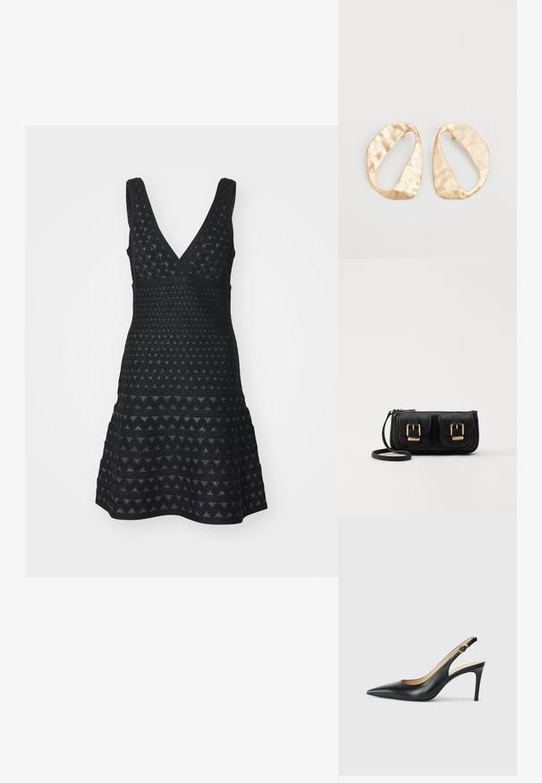 Emporio Armani VESTITO - Svetríkové šaty - nero; Čierne kožené lodičky na odkryté päte s špicatou špičkou, nastaviteľným pásikom a elegantným ihlovým podpätkom, s hladkým povrchom.; Čierna kožená crossbody taška s dvoma prednými vreckami, zlatými sponami, zipsovým uzatváraním a úzkym popruhom. Štruktúrovaný povrch a kompaktný obdĺžnikový tvar.; Pár nepravidelných oválnych zlatistých kovových náušníc s textúrovaným, mierne rozbitým povrchom na bielom pozadí.