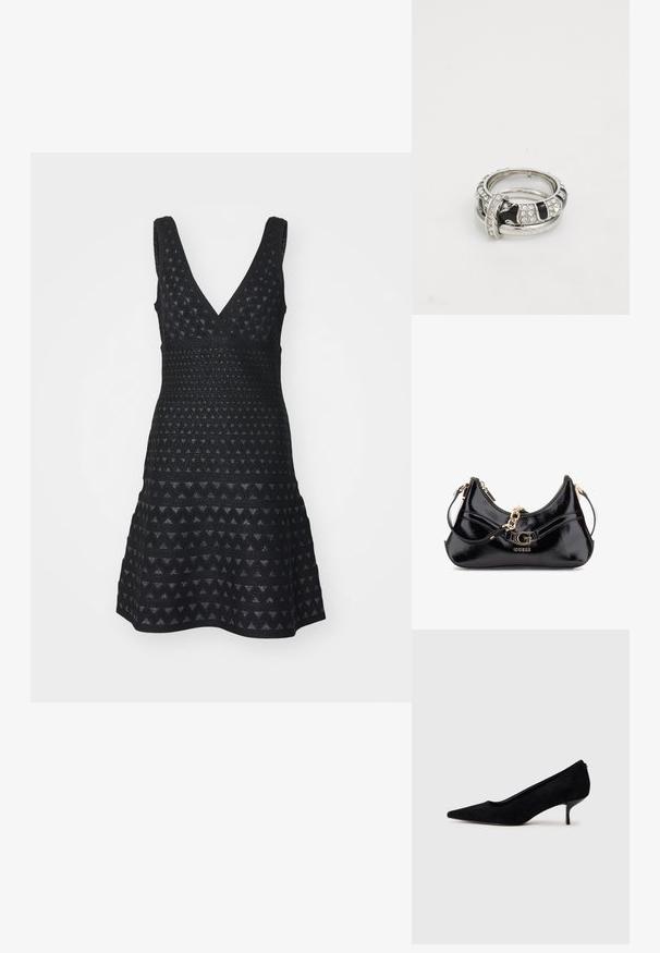 Emporio Armani VESTITO - Sarafanas - nero; Juodas zomšinis aukštakulnis batus su smailiu kojų pirštu ir plonu, žemu kulnu. Lygi tekstūra su elegantišku dizainu, be matomų metalinių detalių.; Juodas lakinės odos maišelis su išlenktu dizainu, auksiniais aksesuarais ir ryškiu logotipu. Komplektuojamas su nuimamu peties diržu.; Sidabrinis žiedas su juodais akcentais ir skaidriais cirkonių akmenimis, turintis lygų, tekstūrą primenantį paviršių ir susipynę dizaino elementus.