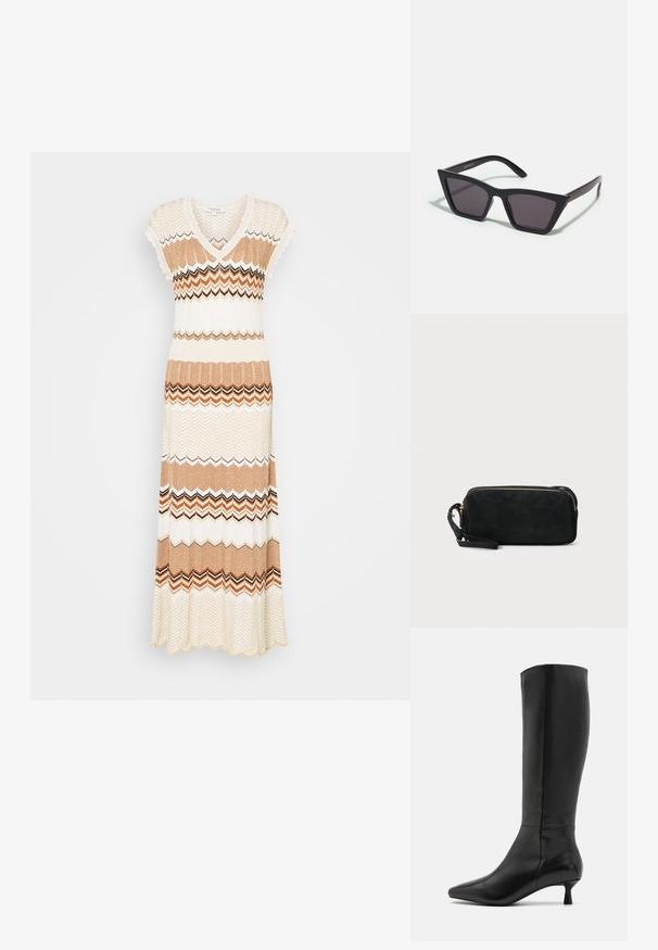 Das gestrickte Maxikleid hat einen V-Ausschnitt, kurze Kappenärmel und ein Zickzackmuster in Creme-, Braun- und Orangetönen mit einem schwingenden Saum.; Zign Stiefel - black; Schwarze, eckige Sonnenbrille mit grauen Gläsern; aus Kunststoff gefertigt, mit dicken Bügeln, die eine glatte Oberfläche und keine sichtbaren Beschläge haben.; Schwarze Wildleder-Clutch mit einem Reißverschluss und abnehmbarem Handgelenkband. Verfügt über goldfarbene Hardware und eine glatte, matte Oberfläche.