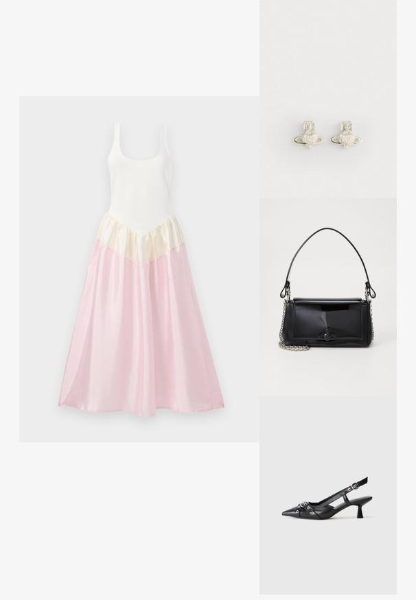 Rochie maxi cu un corset alb ajustat și o fustă fluida. Fusta are straturi de materiale în nuanțe de crem și roz pal, cu o textură strălucitoare.; Pantofii slingback din piele neagră, cu vârful ascuțit, curele decorative cu ochiuri din metal și toc bloc mic. Suprafață texturată.; Geantă din piele patent neagră, cu o formă rectangulară, mânere din lanț și un accent distinctiv din metal în centru. Textură netedă.; Cercei din argint cu un design în formă de inimă, înconjurați de un inel, împodobiți cu mici pietricele clare și un accent detaliat în formă de cruce.