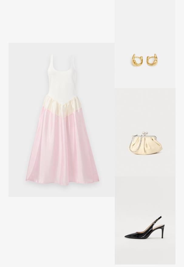 Maxi ruha, amelynek testhez simuló fehér felsőrésze és áramló szoknyája van. A szoknya tejeskávé és világos rózsaszín rétegezett anyagokból készült, fényes textúrával.; Fekete lakk bőr kötött magassarkú cipő, hegyes orral és karcsú sarokkal, finom kivágásos dizájnnal. Az övön arany csatt található.; Pleátolt bézs bőr válltáska ezüst fém kerettel, két kerek díszcsattal és ezüst lánc pánttal.; Arany karika fülbevalók sima, lekerekített kialakítással, fényes felülettel. A fülbevalók kompakt, tömzsi formájúak, és zökkenőmentes kapoccsal rendelkeznek.