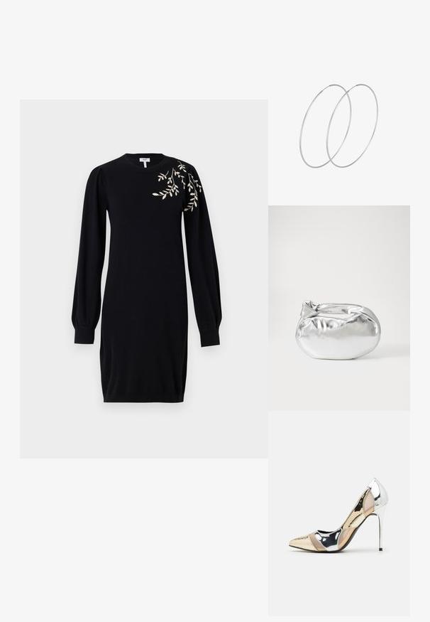 Object OBJTHESS - Abito in maglia - black; Scarpa con tacco alto a punta, con una combinazione di colori argento, oro e nudo. Finitura lucida con design a ritaglio, con tacco a stiletto.; Borsa a pochette metallica argentea con una forma morbida e arrotondata e chiusura superiore annodata. Realizzata in materiale sintetico morbido.; Orecchini a cerchio in argento con un design minimalista. Forma circolare, superficie liscia e profilo sottile. Leggeri con una finitura lucida.