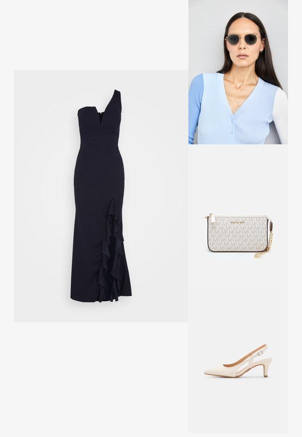 WAL G. SOYA ONE SHOULDER RUFFLE MAXI DRESS - Îmbrăcăminte de ocazie - navy blue; Sandaie cu toc alb, cu vârful ascuțit, material superior neted, toc mic tip bloc și design cu decupaj lateral, cu curea ajustabilă.; Ochelari de soare rotunzi cu lentile întunecate și rame aurii. Modelul poartă un cardigan ribbed de culoare albastru deschis cu nasturi și mâneci albe în contrast.; Clutch Michael Kors din canva acoperit bej, cu un model repetitiv al logo-ului MK, accesorii din aur și o curea cu lanț detașabil.