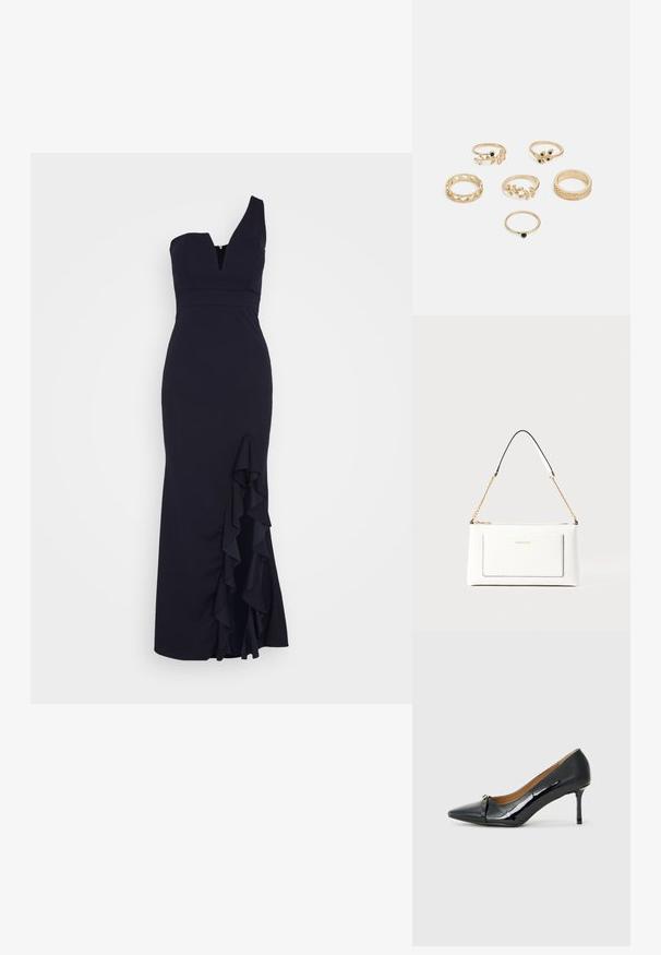 WAL G. SOYA ONE SHOULDER RUFFLE MAXI DRESS - Roupa de cerimónia - navy blue; Sapato de salto alto em couro laqueado preto com bico fino, detalhe de tira decorativa na parte da frente e um salto agulha fino.; Bolsa de mão branca em couro com acabamento texturizado, featuring a corrente dourada e detalhes pretos. Inclui um bolso frontal e fecho com zipper.; Conjunto de seis anéis dourados com vários designs: trançados, com motivos de folhas e bandas sólidas; alguns com detalhes em pedras preciosas verdes.