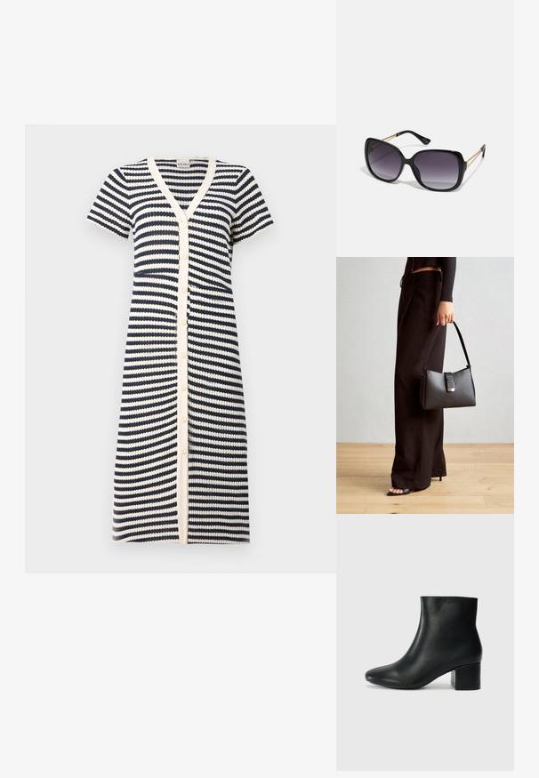 Pasiasta sukienka w granatowo-białe paski, z krótkim rękawem, dekoltem w kształcie litery V i zapięciem na guziki. Wykonana z teksturowanej tkaniny z naprzemiennymi paskami.; Czarne skórzane botki za kostkę z ostrym noskiem i masywnym obcasem. Gładka tekstura z minimalnymi akcentami i elegancki, dopasowany fason.; Czarne oversize okulary przeciwsłoneczne z gradientowymi soczewkami, grubymi oprawkami i złotym łańcuszkiem na ramionach.; Czarna torebka o usztywnionym kształcie, gładkiej fakturze i metalowym zapięciem. Połączona z szerokimi czarnymi spodniami i sandałami na otwartym palcu na drewnianej podłodze.