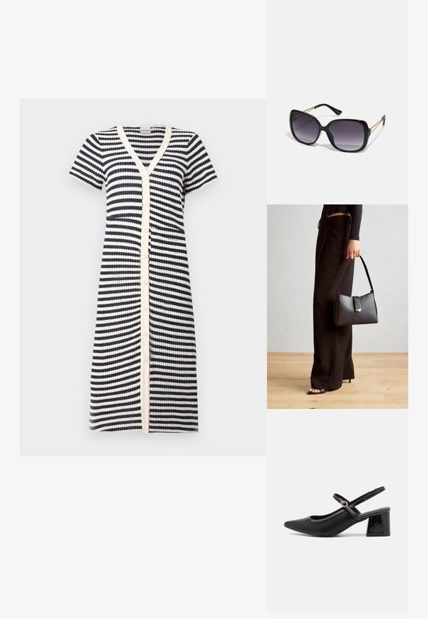 Rinnatud kleit tumesinises ja valges toonis, lühikeste varrukatega, V-kaelusega ja nööbi sulgemisega. Valmistatud tekstuurilisest kangast, millel on vahelduvad triibud.; Mustad läikivad nahast slingback-kõrged kontsad, millel on terav nina, ümar lõikekujundus ja blokknina. Omab kuldset nupu aktsenti.; Mustad ümarad päikeseglaasid, millel on gradient objektiivid, paksud raamid ja kuldse tooni kettaga kaunistused tempelitel.; Must musta kott, millel on struktureeritud kuju, sile tekstuur ja metallist klamber. Kombineeritud laiate mustade pükstega ja avatud varvaste sandaalidega puidust põrandal.