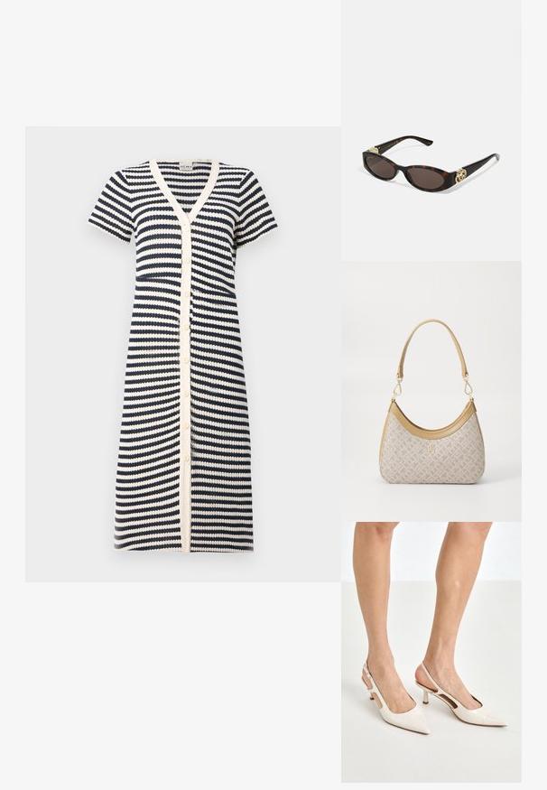 Gestreiftes Kleid in Marineblau und Weiß mit kurzen Ärmeln, V-Ausschnitt und Knopfverschluss. Hergestellt aus strukturiertem Stoff mit abwechselnden Streifen.; Beige Lackleder Slingback-Absätze mit spitzem Fuß und 5 cm Absatz, mit ausgeschnittenen Seiten und einem schmalen Knöchelriemen.; Schildpatt-Sonnenbrille mit länglich-ovalen Gläsern, braunem Farbton, goldenen Logo-Akzenten an den Bügeln und schlanken schwarzen Bügeln.; Beige gemusterte Handtasche mit geschwungener Form, Lederakzenten und einem goldfarbenen Logo auf der Vorderseite. Verfügt über einen kurzen Griff für einfaches Tragen.; Perlen- und Kristallhalskette mit einem runden, perlenbesetzten Design in sanften Farbtönen, das abwechselnd Perlen und funkelnde Akzente zeigt, um den Hals getragen.