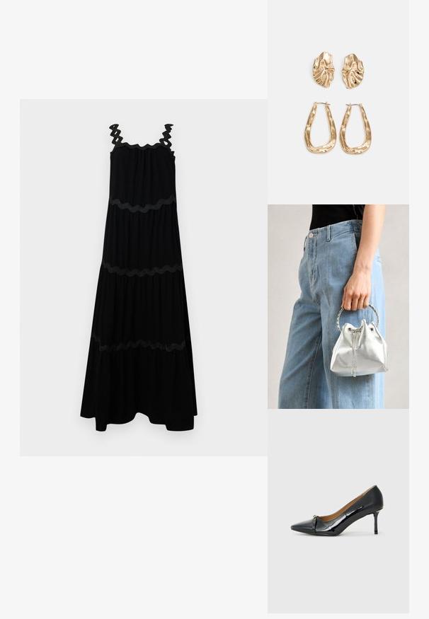 Fekete maxi ruha zig-zag pántos részletekkel és lépcsőzetes kialakítással. Texturált díszítések a deréknál és a szegésnél. Puha anyagból készült.; Fekete lakkbőr magassarkú cipő hegyes orral, díszes pánttal elöl, és vékony stiletto sarokkal.; Fémes ezüst színű vödör táska, texturált felülettel, ezüst kerek füllel és húzózárral, világoskék farmer mellett tartva.; Aranyszínű fülbevalók, texturált, hullámos formákkal. Tartalmazza a szobrászati klipszes studokat és az open hoop kialakítást, kalapácsos felülettel.