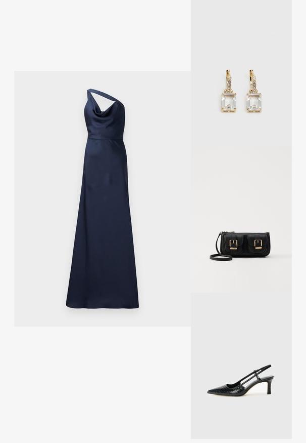 Námořnické saténové večerní šaty s jednou ramenní šlukou, cowl výstřihem a splývavým střihem až na zem. Hladká textura a elegantní jednoduchost.; Černé lakované slingback podpatky s špičatou špičkou, zdobené texturovaným hadím vzorem, nastavovacím páskem a krátkým texturovaným blokovým podpatkem.; Černá kožená crossbody taška se dvěma předními kapsami, zlatými přezkami, zipovým uzávěrem a štíhlým popruhem. Texturovaný povrch a kompaktní obdélníkový tvar.; Náušnice ve zlatém odstínu s obdélníkovým, průhledným krystalem zavěšeným pod řadou malých, kulatých průhledných akcentů. Elegantní, moderní design.
