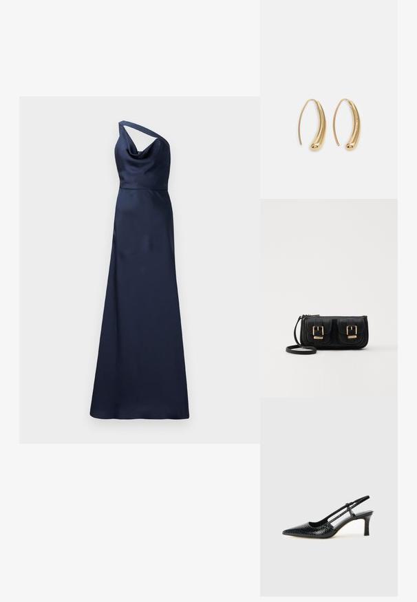 Robe de soirée en satin bleu marine avec une conception asymétrique, décolleté drapé et une silhouette fluide allant jusqu'au sol. Texture lisse et simplicité élégante.; Escarpin slingback en vernis noir avec un bout pointu, présentant un imprimé serpent texturé, une sangle réglable et un petit talon bloc texturé.; Sac en cuir noir porté en travers avec deux poches avant, boucles dorées, fermeture zippée et une sangle fine. Surface texturée et forme rectangulaire compacte.; Boucles d'oreilles en métal doré en forme d'anneau, avec une forme courbée et allongée. Elles présentent une surface lisse et brillante avec une pointe arrondie pour un détail supplémentaire.