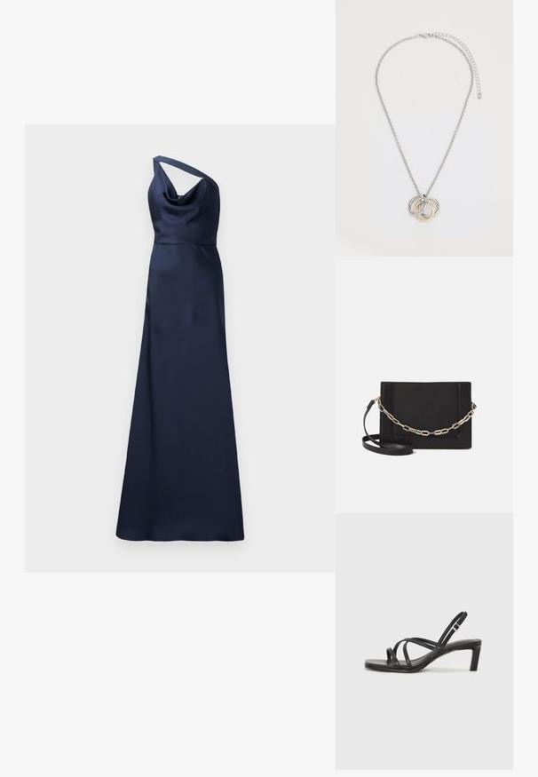 Námornícka saténová večerná róba s jednom ramenným dizajnom, cowl výstrihom a splývavou, dlhou siluetou. Hladká textúra a elegantná jednoduchosť.; Čierne sandále na vysokom podpätku so štvorcovou špičkou a nízkym blokovým podpätkom. Obsahujú viacero tenkých popruhov a nastaviteľný členkový popruh. Vyrobené z hladkej kože.; Čierna kožená crossbody taška s hladkou textúrou, obdĺžnikovým tvarom a kovovým reťazovým detailom na prednej strane. Súčasťou je nastaviteľný popruh.; Strieborný náhrdelník so zlatým akcentom, obsahujúci tri prepojené kruhy: dva strieborné a jeden zlatý, so hladkým povrchom a uzáverom na sponu typu homár.
