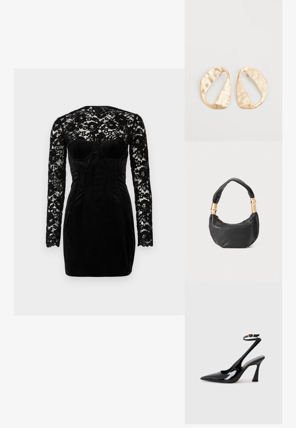Černé šaty s dlouhými krajkovými rukávy a strukturovaným sametovým živůtkem s výstřihem ve tvaru srdce. Přiléhavý střih, délka do poloviny stehna.; Černé lakované kožené lodičky na pásku s špičatou špičkou, nastavitelným páskem kolem kotníku a mírným blokovým podpatkem. Hladký povrch s lesklým finišem.; Černá kožená kabelka s kulatým tvarem, měkkou texturou a uzlovou rukojetí se zlatými kovovými detaily. Zapínání na zip.; Pár nepravidelných oválných náušnic z kovu pozlaceného zlatem s texturovaným, mírně kladivkovým povrchem na bílém pozadí.