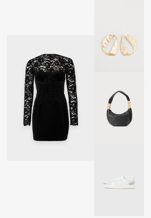 Robe noire avec de longues manches en dentelle et un corsage structuré en velours avec un décolleté en cœur. Design ajusté, longueur mi-cuisse.; Baskets blanches avec des accents argentés métalliques, texture lisse, bout rond, semelle plate et design classique à lacets.; Sac à main en cuir noir de forme ronde, texture douce, et avec une anse nouée ornée d'accents en matériel doré. Fermeture éclair.; Une paire de boucles d'oreilles en métal doré, de forme ovales irrégulières, avec une surface texturée et légèrement martelée sur fond blanc.