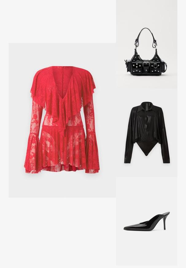 Červené krajkové šaty s dlouhými rozšířenými rukávy, hlubokým véčkovým výstřihem, vrstvenými volánky a květinovými vzory. Průhledná textura zvyšuje jejich design.; Černý body s dlouhými rukávy, výstřihem do V a přiléhavým střihem. Vyrobeno z lesklého, hladkého materiálu se strukturovaným límcem a manžetami.; Černé lakované kožené muly na vysokém podpatku s špičatou špičkou a elegantním siluetou, s otevřenou zadní částí a štíhlým stiletto podpatkem.; Černá kožená kabelka s křivkovým designem, zdobená stříbrnými hřebíky, s přezkou a dvěma bočními kapsami. Nastavitelný popruh pro různé možnosti nošení.