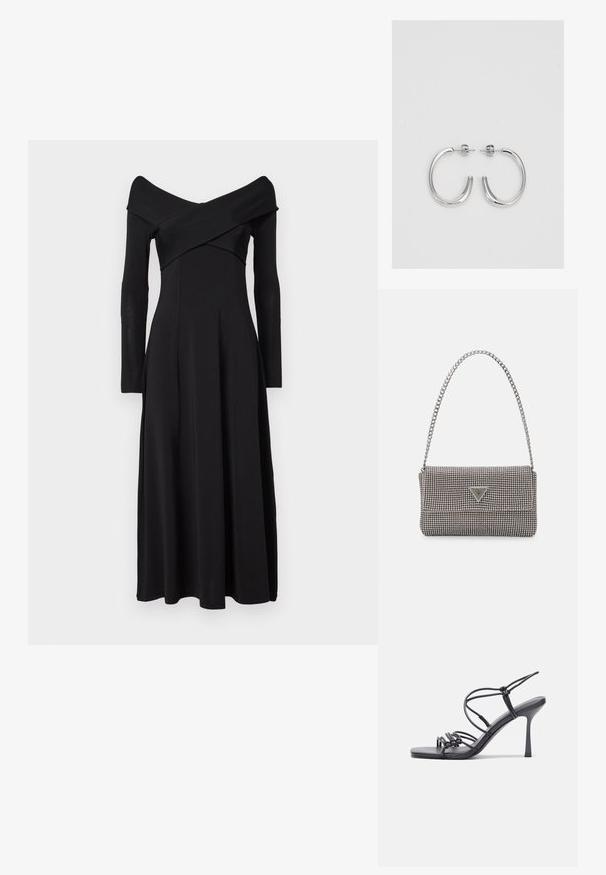 Μαύρο μεσάτο φόρεμα με σχεδίαση που αποκαλύπτει τους ώμους, μακριά μανίκια και εφαρμοστό μπούστο που ρέει σε φούστα με φλάρη. Λείο ύφασμα.; Μαύρες ψηλοτάκουνες σανδάλες με λεπτές λωρίδες και σχέδιο με κόμπους, λείο τετράγωνο μπροστινό μέρος και κομψό τακούνι στιλέτο.; Ανοικτό γκρι μεταλλική τσάντα χειρός με αλυσίδα, διακοσμημένη με μικρούς κυκλικούς μεταλλικούς στύλους και ένα τριγωνικό λογότυπο της μάρκας.; Ασημένια σκουλαρίκια κρίκοι με λεία, λαμπερή φινίρισμα. Στρογγυλό σχήμα, ελαφρύ σχέδιο, με κλείσιμο τύπου πίσω.