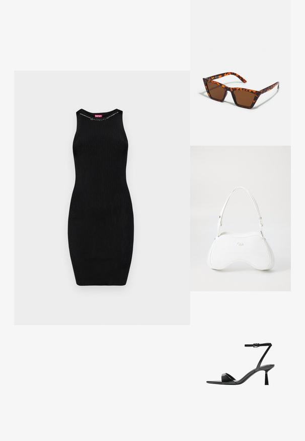 Fekete bordás testre simuló ruha egyszerű, ujjatlan kialakítással és lánc részlettel a nyakkivágásnál. Fitt sziluettet mutat.; Bershka Magas sarkú szandálok - black; Barna árnyalatú napszemüveg teknősbéka mintával, szögletes kerettel és karcsú szárakkal. Könnyű műanyagból készült.; Fehér kézitáska sima, fényes felülettel, ívelt formával és egy állítható pánttal. Előoldalán domború logó található.