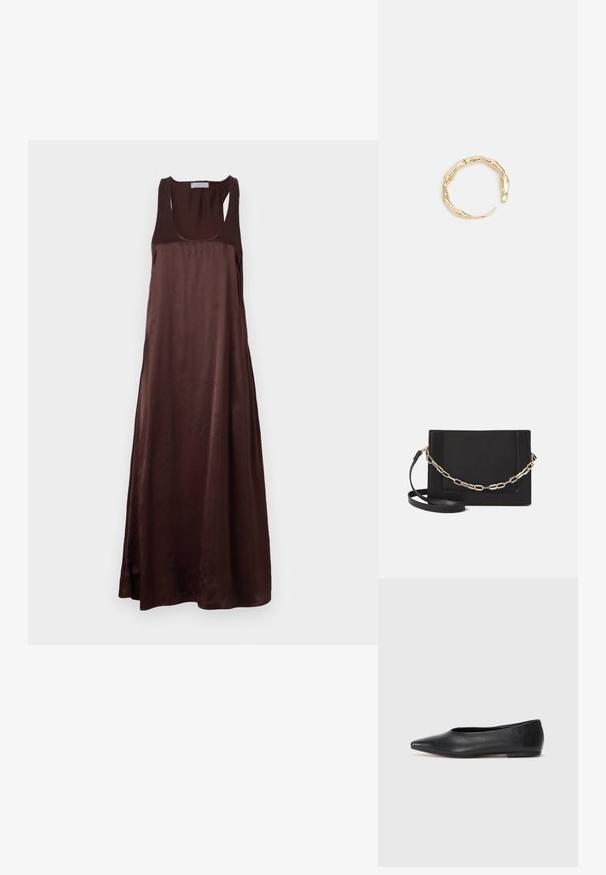 Brūns bezpiedurkņu maksi kleita gludā audumā, ar apaļu kakla izgriezumu un brīvu siluetu, ar sānu šķēlumu ērtākai kustībai.; Melna ādas baleta kurpe, ar norādītu purngalu, minimālisma dizains, gluda tekstūra, zema papēža augstums, bez redzamiem aksesuāriem vai rotājumiem.; Melna ādas crossbody soma ar gludu faktūru, taisnstūrveida formu un metalizētu ķēdes detaļu priekšā. Iekļauta regulējama siksna.; Zelta toņa gredzens ar organisku, vērptu dizainu, gludu virsmu un sašaurinātiem galiem, radot mūsdienīgu, skulpturālu izskatu.